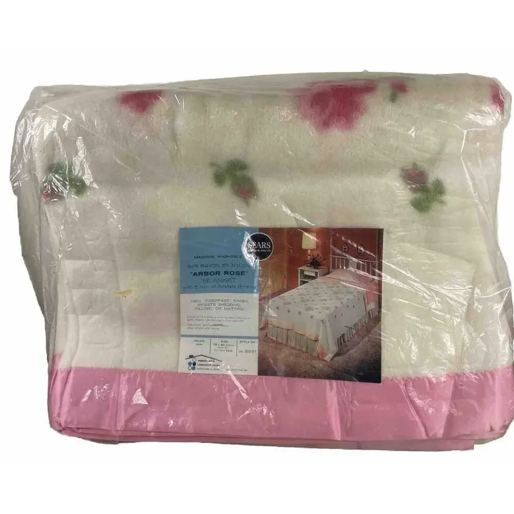 Sears Riviera Rose Pink Floral Acrylic Twin Blanket with Satin Trim – NOS 1970s